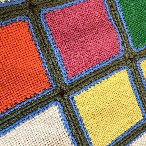 Vtg Crocheted Scrap Square Afghan Throw 40x50 Handmade Mod 60s 70s Masculine - Picture 7 of 7